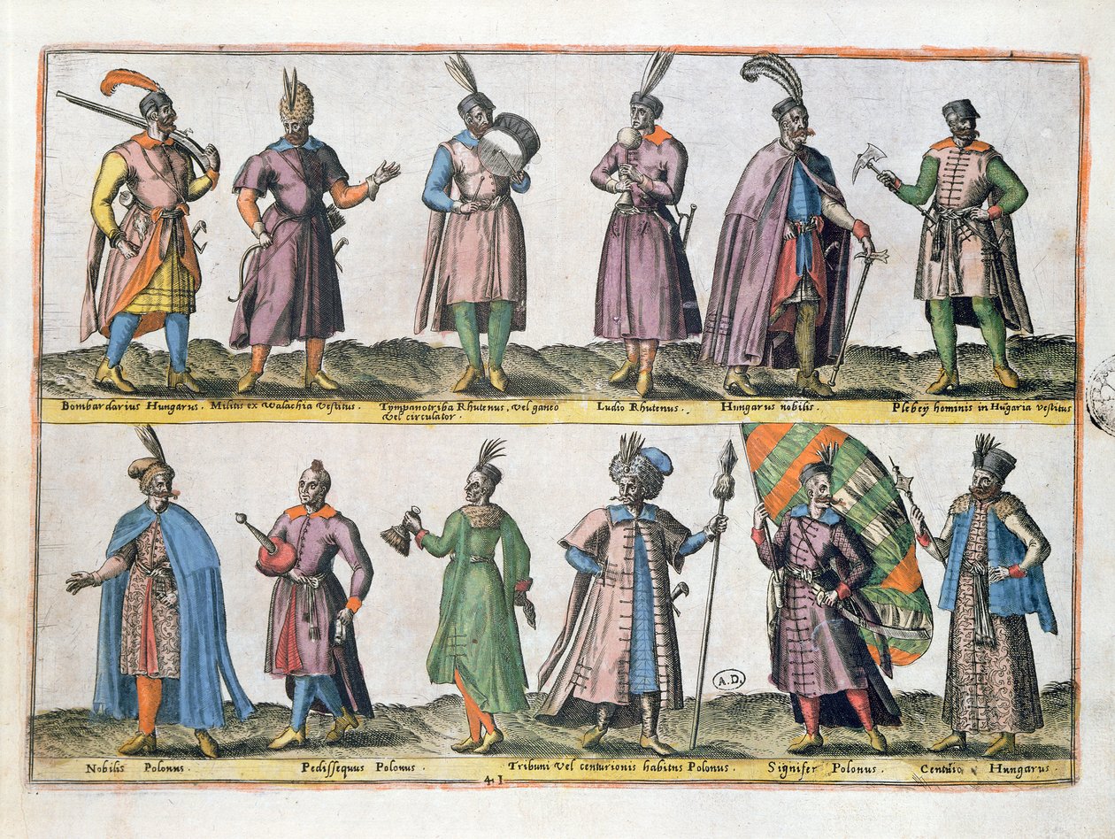 Uherský a polský vojenský oděv v 16. století, z knihy "Kroje různých národů Evropy, Asie, Afriky a Ameriky", vydané v Antverpách v roce 1581. od Abraham de Bruyn