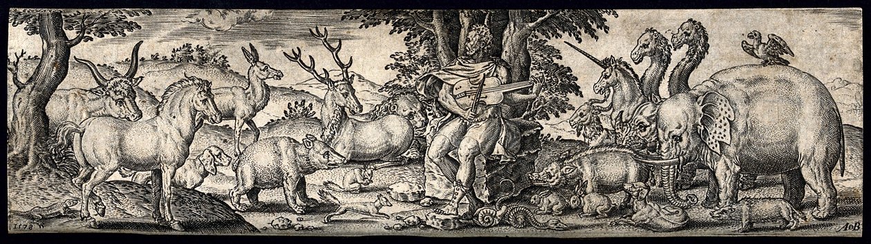 Orfeus sedící na kameni, držící strunný nástroj a okouzlující zvířata hudbou. Rytina od A. de Bruyn. od Abraham de Bruyn