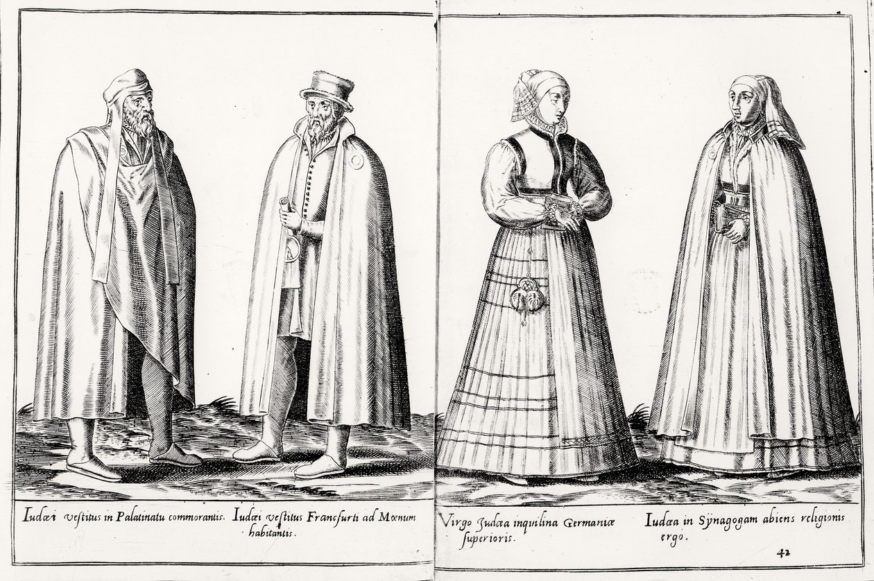 Židovský oděv ze šestnáctého století z „Omnium Poene Gentium Imagines“, vydaného v Kolíně nad Rýnem od Abraham de Bruyn