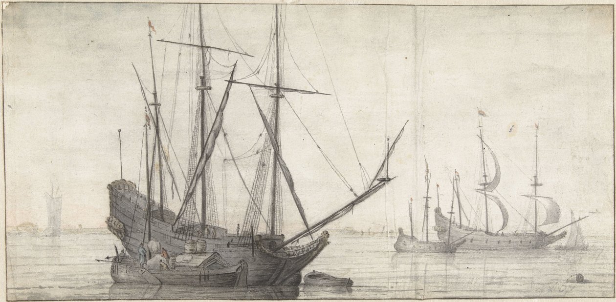 Plachetnice na klidné vodě poblíž pobřeží od Abraham de Verwer (possibly)
