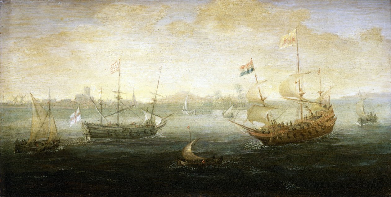 Nizozemská a britská loď plující pod vlajkou Stuartovců u přístavu, viditelná na obzoru, obklopená různými malými čluny. od Abraham de Verwer