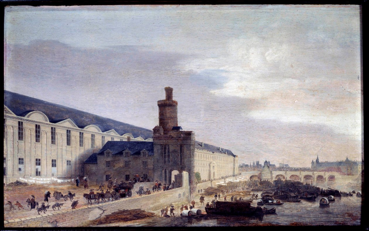 Pohled na Porte Neuve a Galerii du Louvre kolem roku 1640 Entrée du Louvre na břehu Seiny. Obraz Abrahama de Verwer (1600-1650) 1640 Rozm. 0,37 x 0,59 m Paříž, Musee Carnavalet od Abraham de Verwer