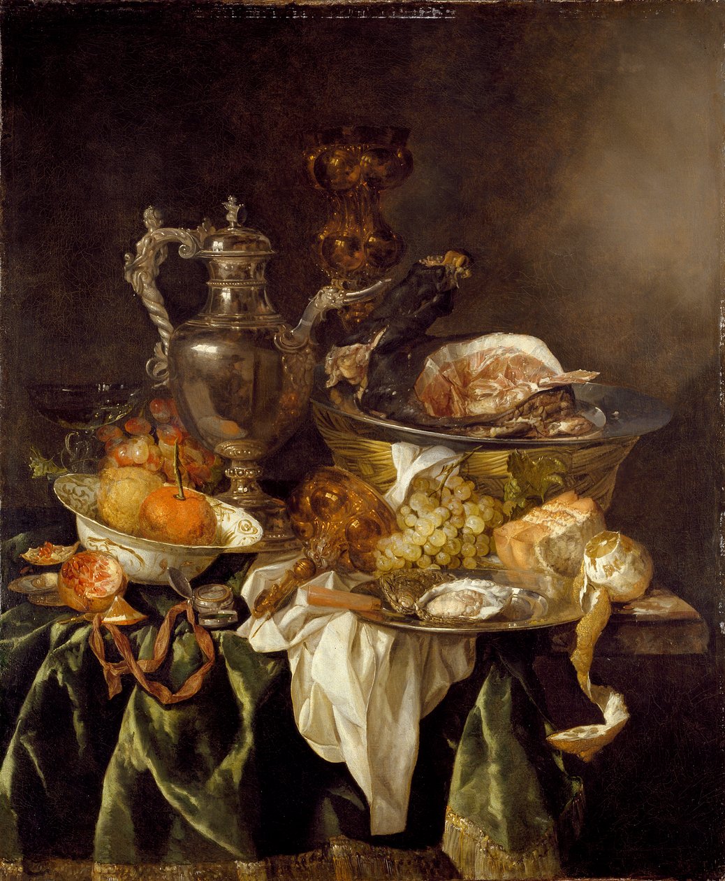 Zátiší se stříbrnou nádobou na víno a odraženým portrétem umělce, c1657 od Abraham van Beyeren
