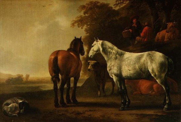 Koně a dobytek v krajině (panel) od Abraham van Calraet