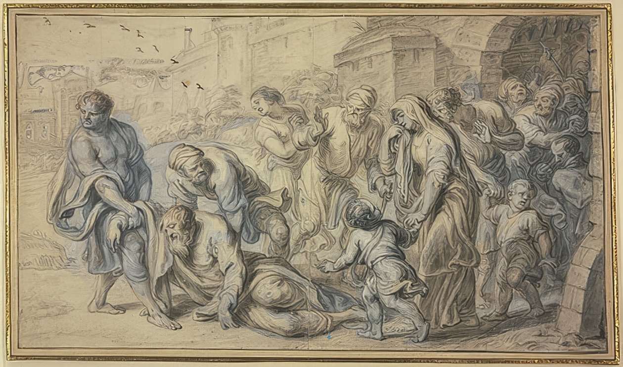 Starý muž je zvednut ze země obyvateli před hradbami města od Abraham van Diepenbeeck