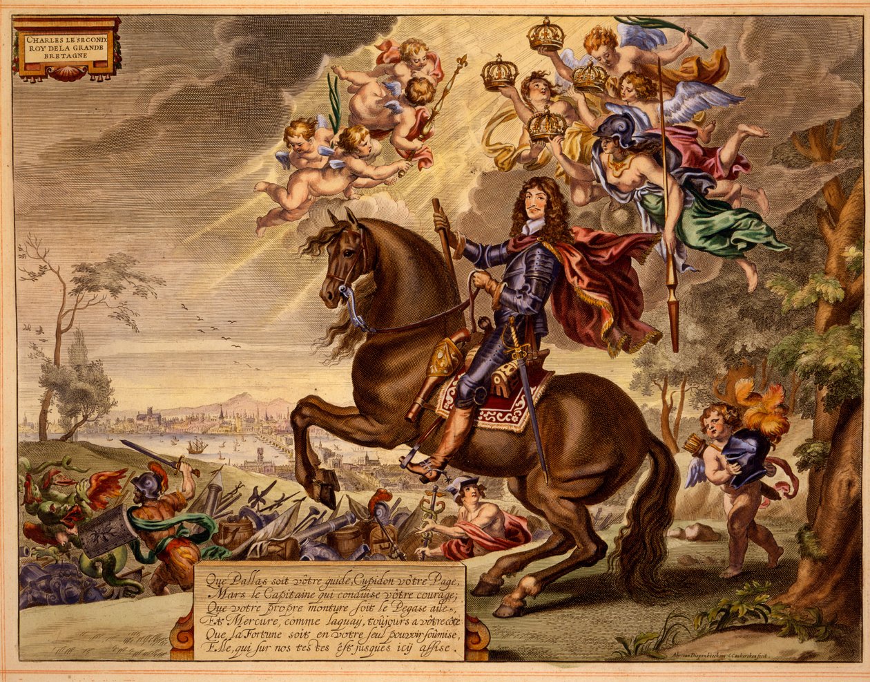 Charles II s věnováním ve francouzštině, se starým londýnským mostem v pozadí, z knihy Metoda a nový vynález oblékání koní od Williama Cavendishe, vydané 1737 (2. vydání) (akvatinta) od Abraham van Diepenbeeck