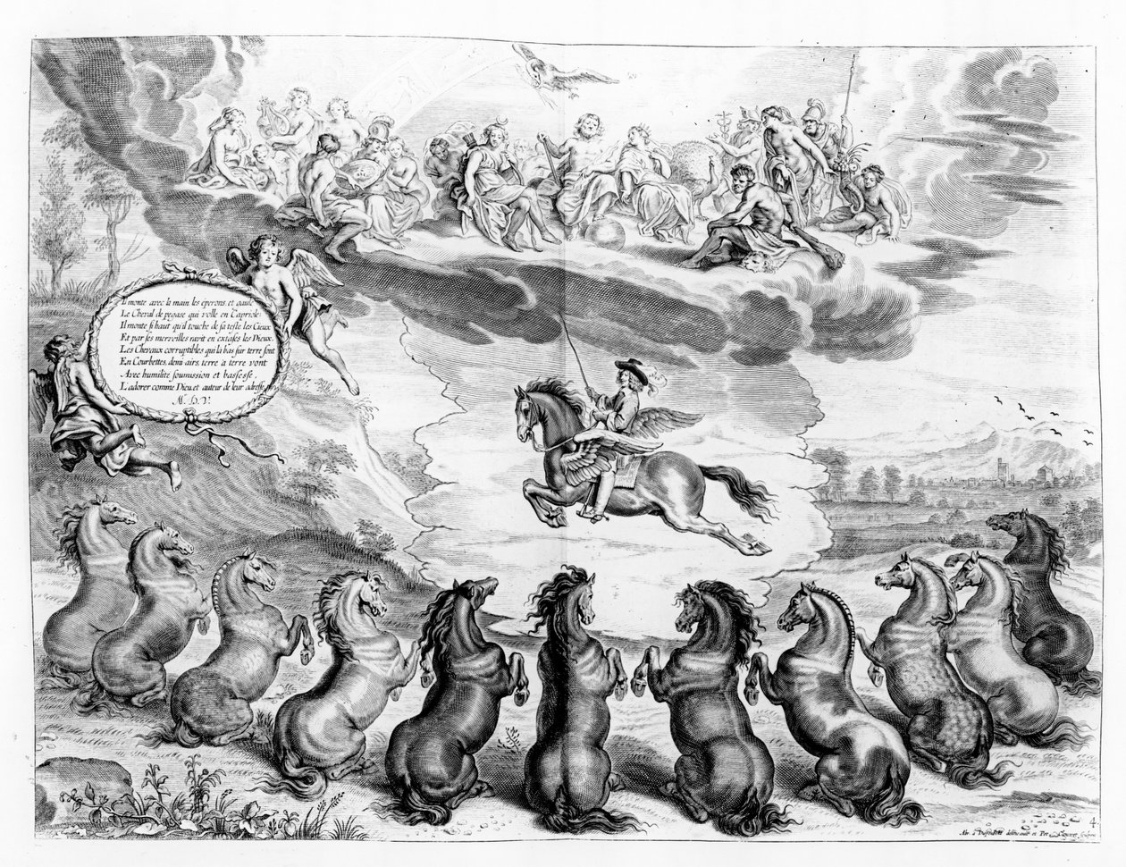 Markýz z Newcastlu jedoucí na Pegasu před shromážděním řeckých bohů a přijímající pozdravy pozemských koní, ilustrace z Jezdecké příručky od markýze z Newcastlu, vydané od Abraham van Diepenbeeck