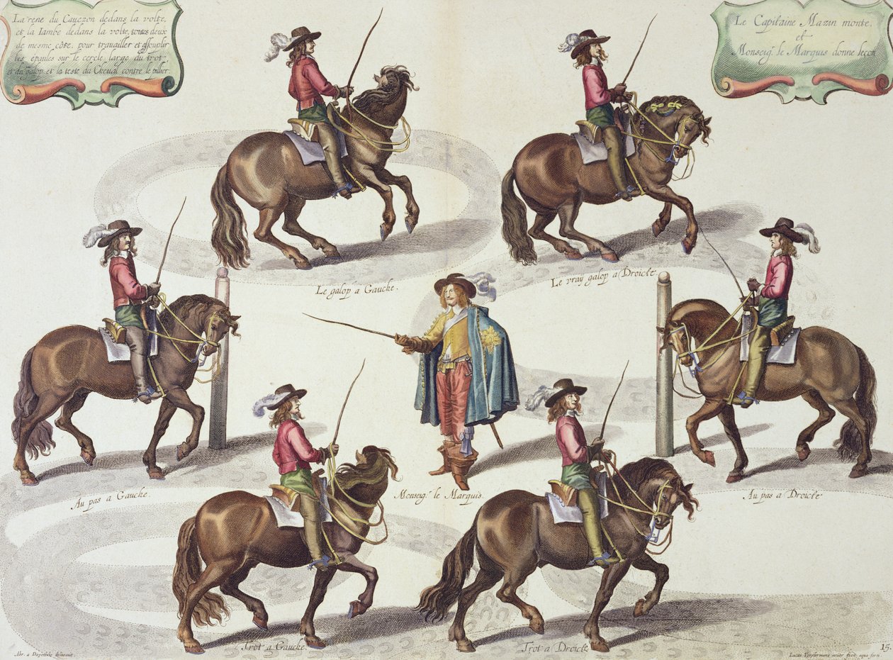 Markýz z Newcastlu dává kapitánu Mazinovi lekci jízdy na koni, deska 15 z knihy Metoda a nový vynález oblékání koní od Williama Cavendishe (1592-1676) Markýz z Newcastlu, vyryl Lucas Vo od Abraham van Diepenbeeck