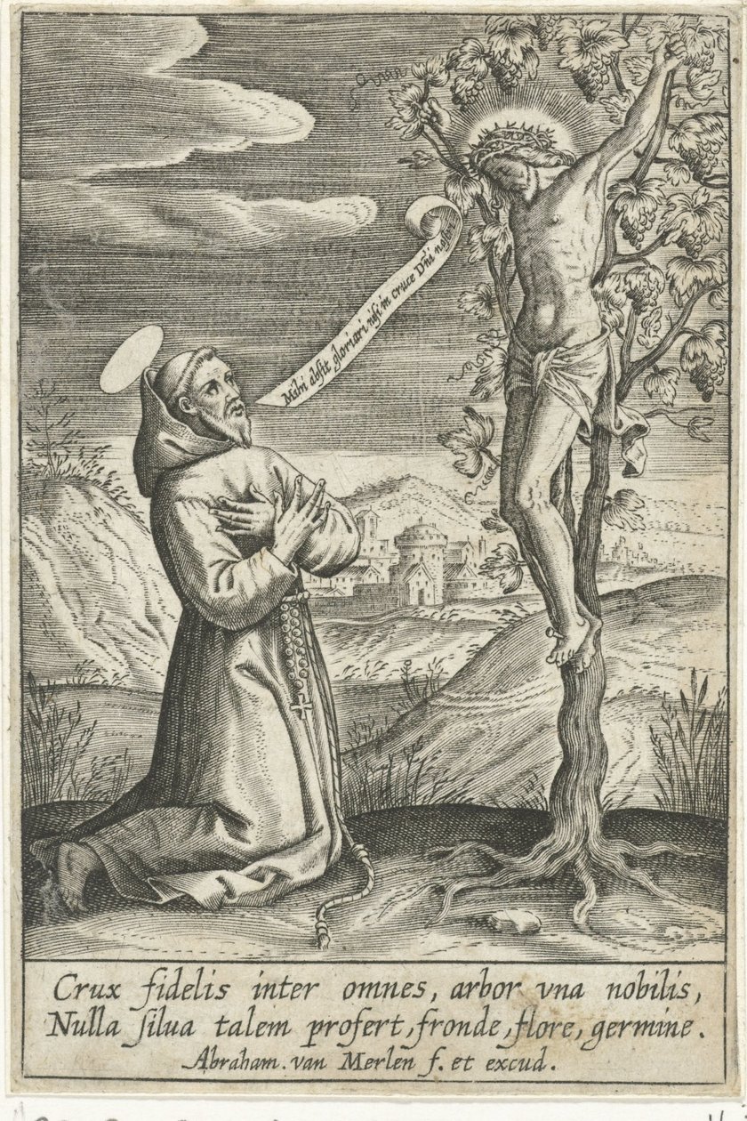 Klečící svatý před Kristem na kříži od Abraham van Merlen