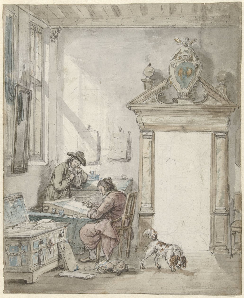 Vnitřní scéna s píšícím mužem u stolu od Abraham van Strij (I)