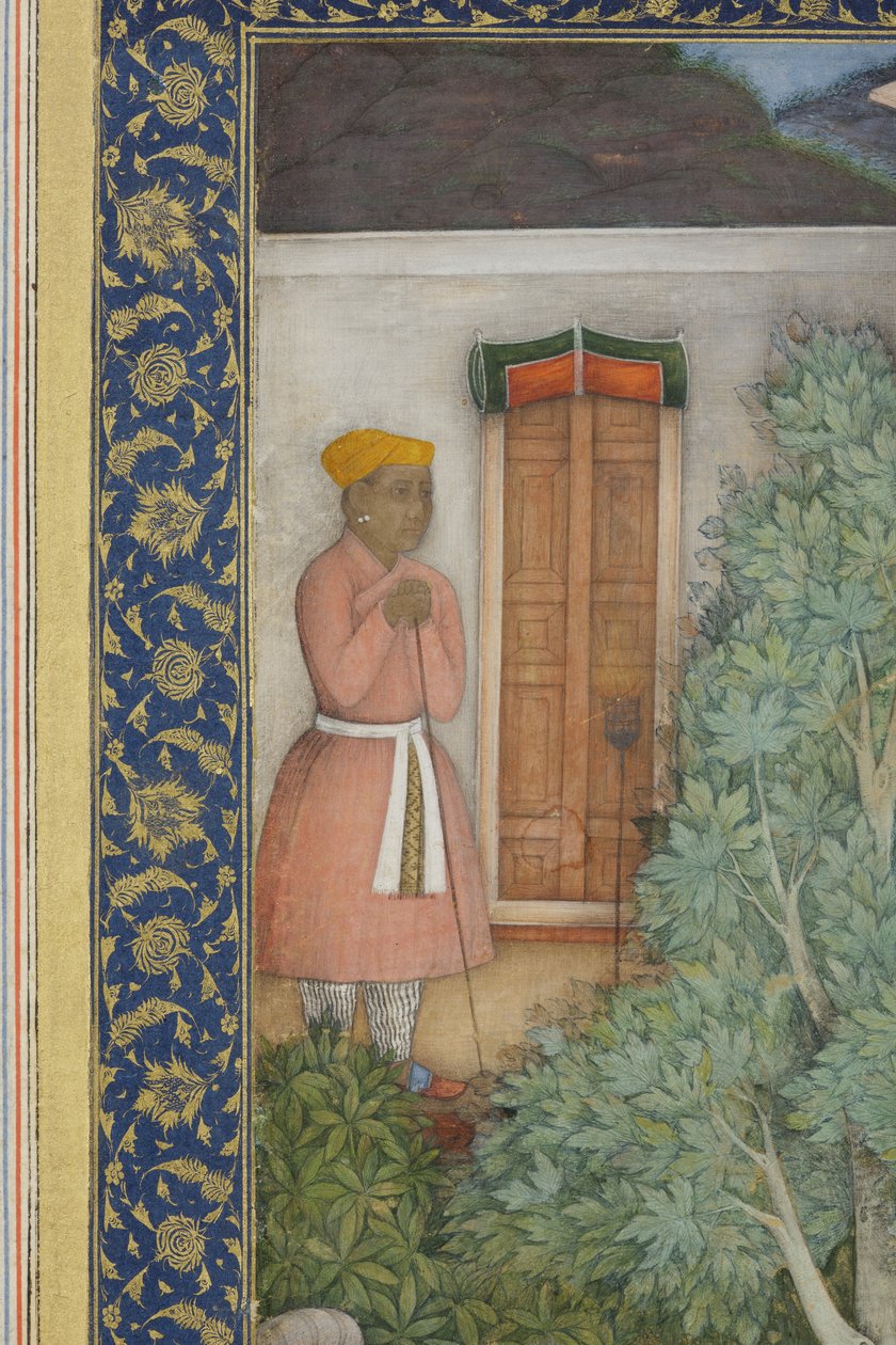 Detail z knihy Císař Džahángír se svatými muži v zahradě, cca 1615 (neprůhledná čb a zlato na papíře) od Abul Hasan