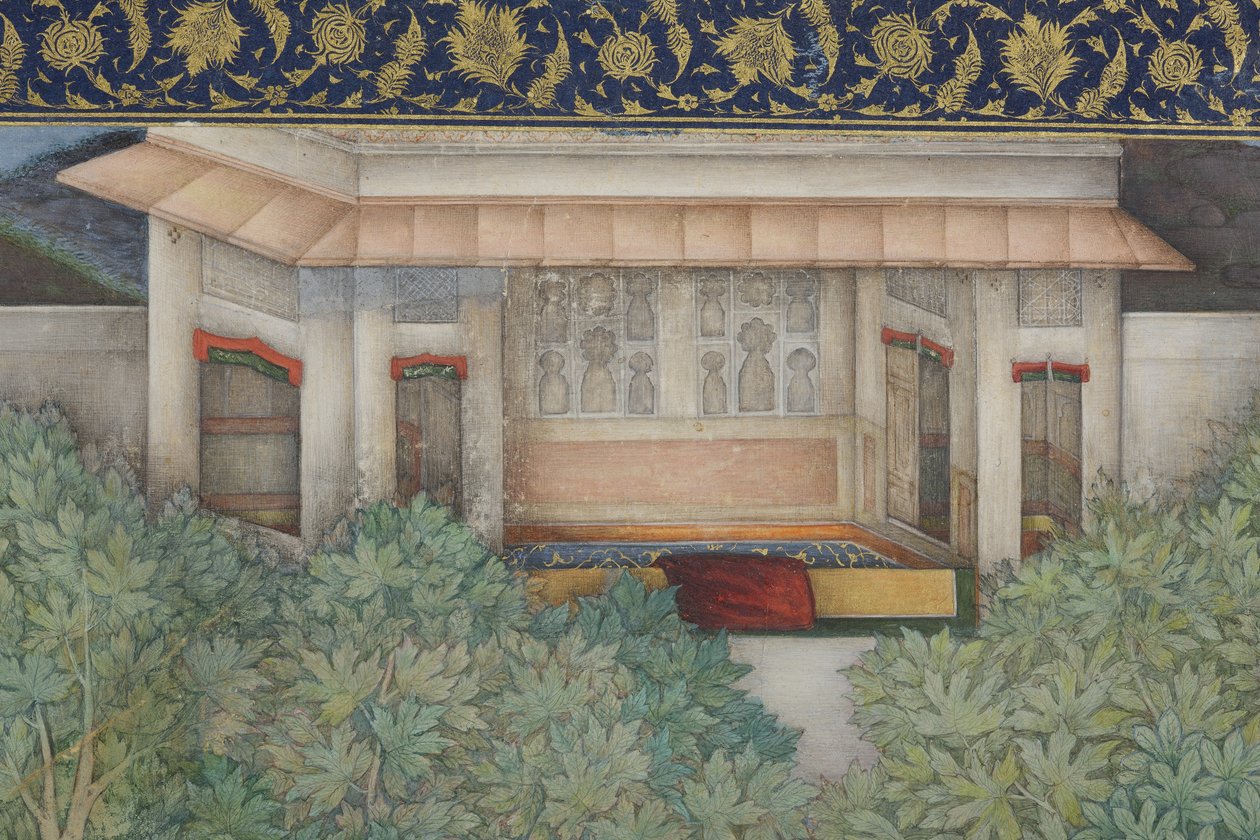 Detail z knihy Císař Džahángír se svatými muži v zahradě, cca 1615 (neprůhledná čb a zlato na papíře) od Abul Hasan