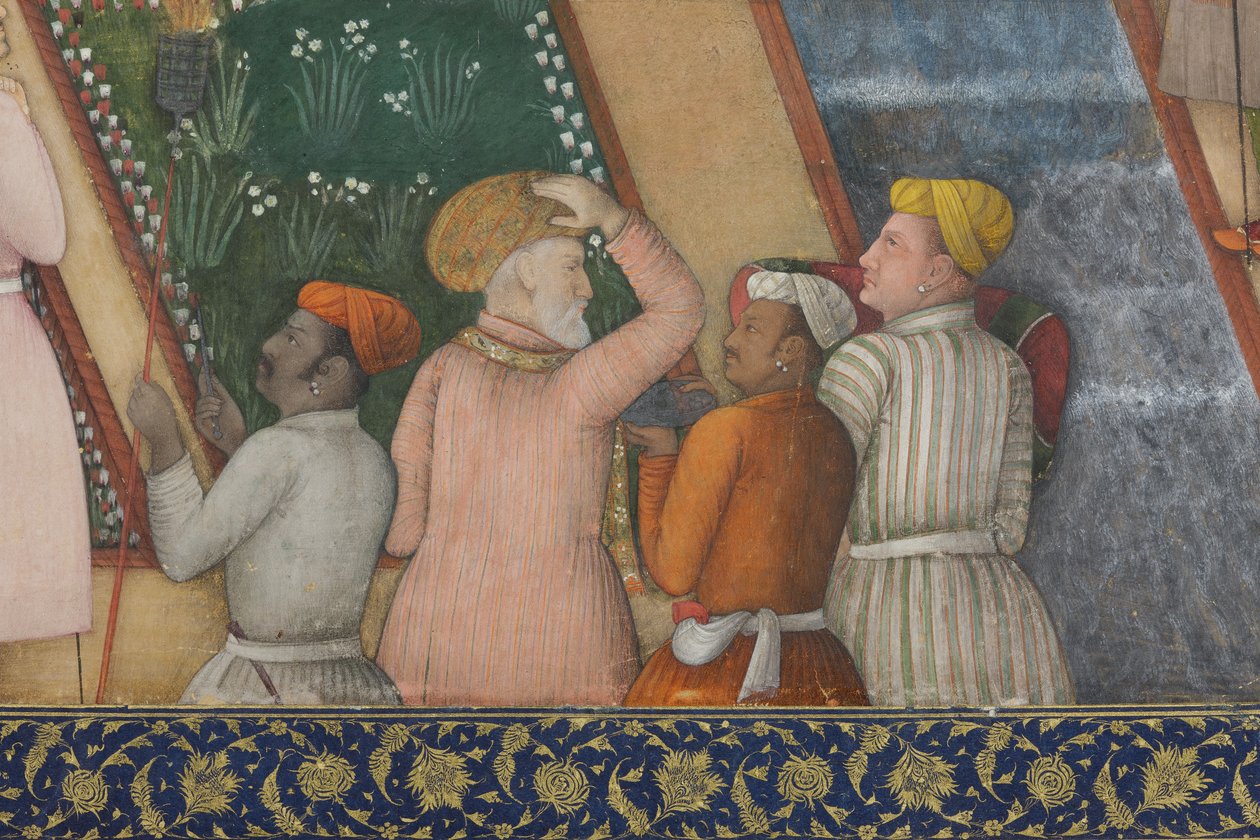 Detail z knihy Císař Džahángír se svatými muži v zahradě, cca 1615 (neprůhledná čb. a zlato na papíře) od Abul Hassan Ghaffari