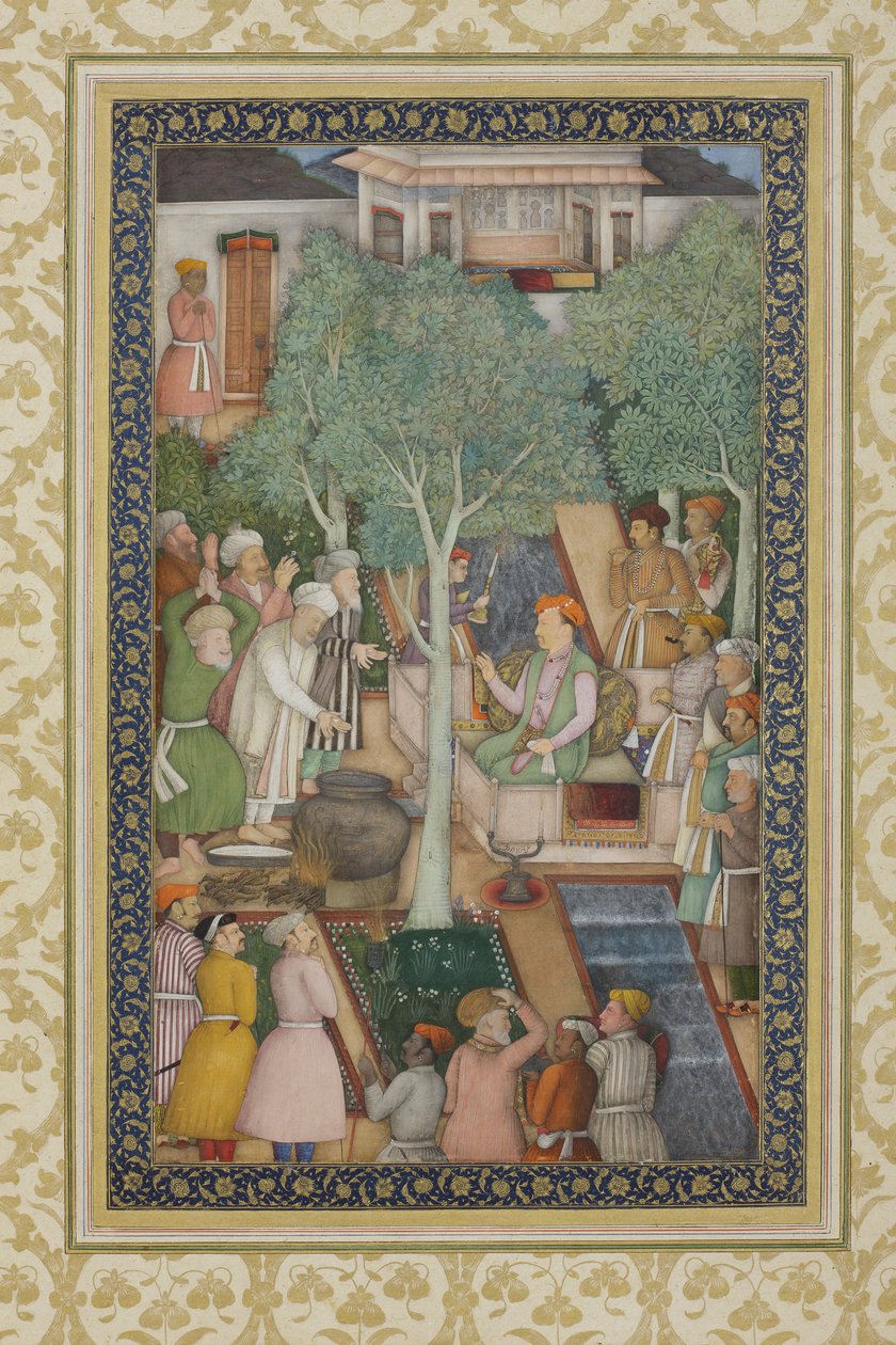 Císař Jahangir se svatými muži v zahradě, kolem 1615 (neprůhledné wc a zlato na papíře) od Abul Hassan Ghaffari