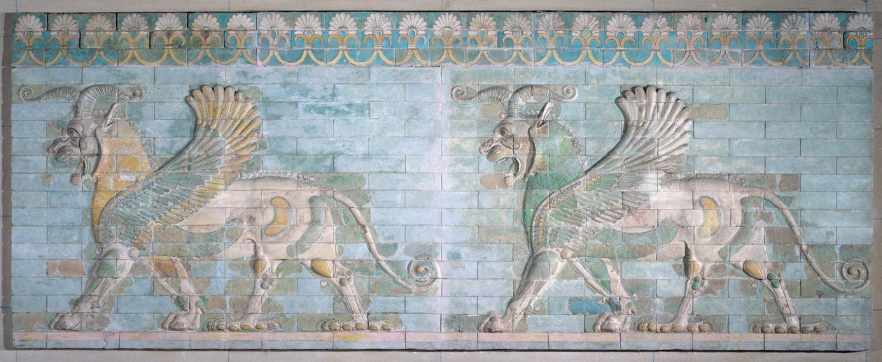 Dva okřídlení gryfové, z Artaxerxova paláce, Súsy, achaimenovské období, 6.-5. století př. n. l. (polychromované glazované cihly) od Achaemenid