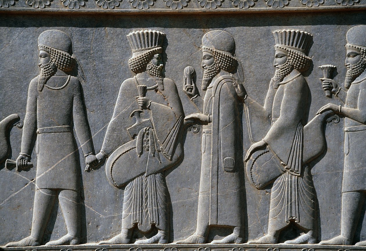 Detail z procesního vlysu na východní straně paláce Apadana, Persepolis, Írán, c.518-465 př.nl (šedý kámen) od Achaemenid