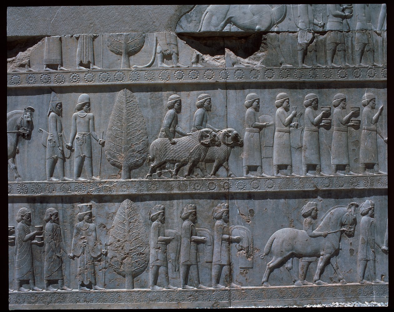 Pohled na reliéfy východních schodů od Achaemenid