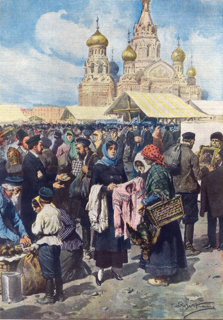 Výměnný obchod v Rusku po kolapsu měny po ruské revoluci, ilustrace z „La Domenica del Corriere“, 1. června 1919 od Achille Beltrame