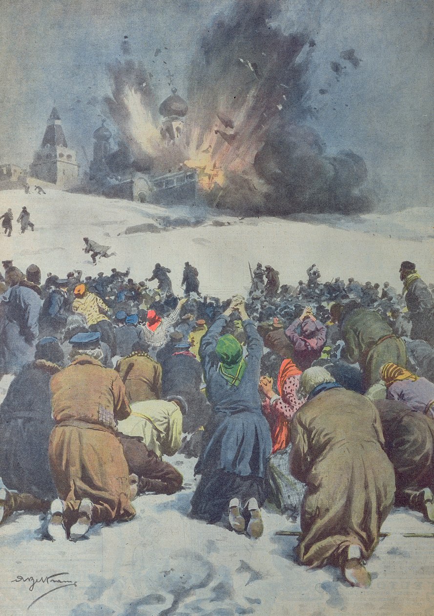 Zničení starověkého klášterního kostela Sověty a doprovodný nářek věřících, ilustrace z 