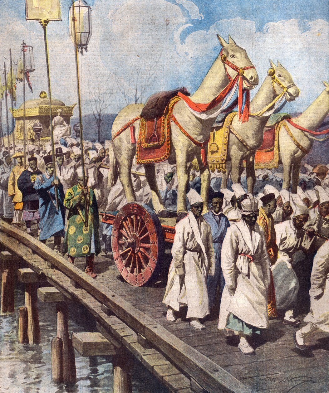 Pohřební průvod Gojonga, císaře Gwangmu z Korejské říše v březnu 1919, ilustrace na obálce z „La Domenica del Corriere“, 1. června 1919 od Achille Beltrame