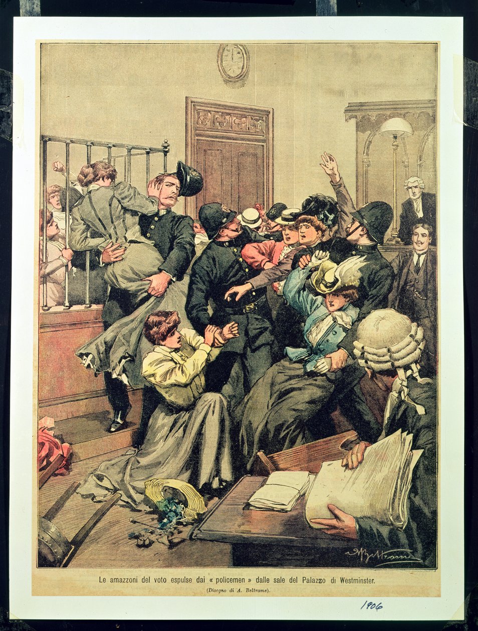 Policisté vyhánějící sufražetky z místnosti ve Westminsterském paláci, 1906 od Achille Beltrame