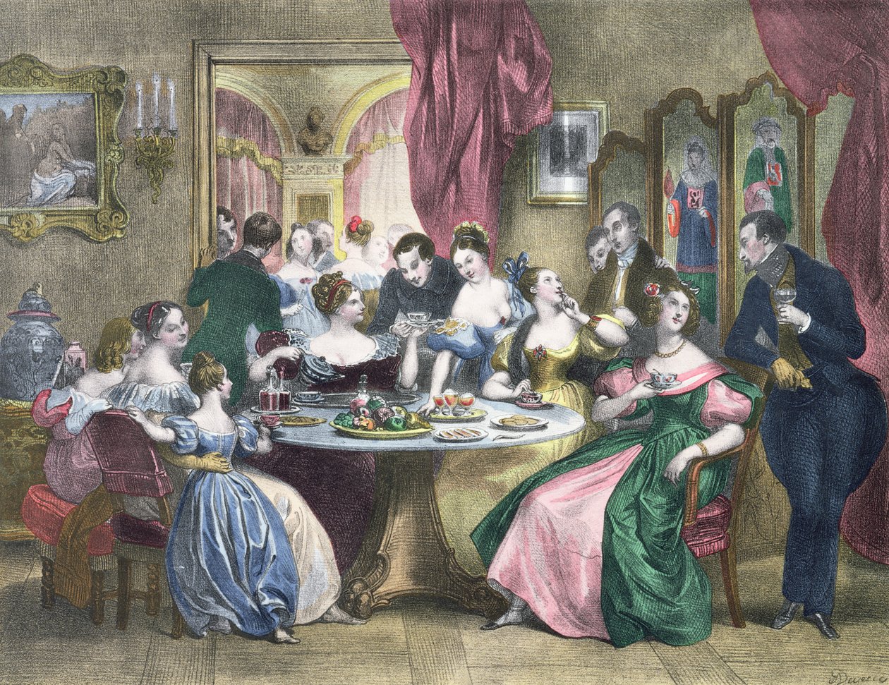 Čaj ve vysoké společnosti ve Francii, c. 1840 od Achille Devéria