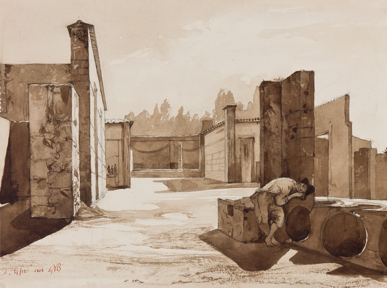 Pompejský pohled, s doplňky prince Gaetano Maria Federico di Borbone (1846-1871), 1854 (tužka a sépie na papíře) od Achille Vianelli