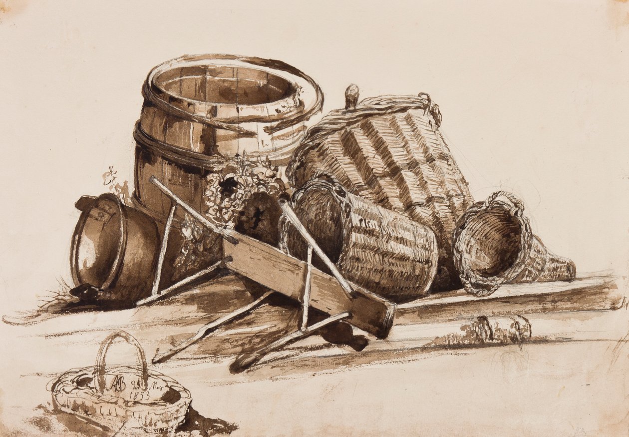 Koše, sudy a lavice, s doplňky od prince Alfonse Maria di Borbone (1841-1934), 1853 (tužka a sépie myje na papíře) od Achille Vianelli