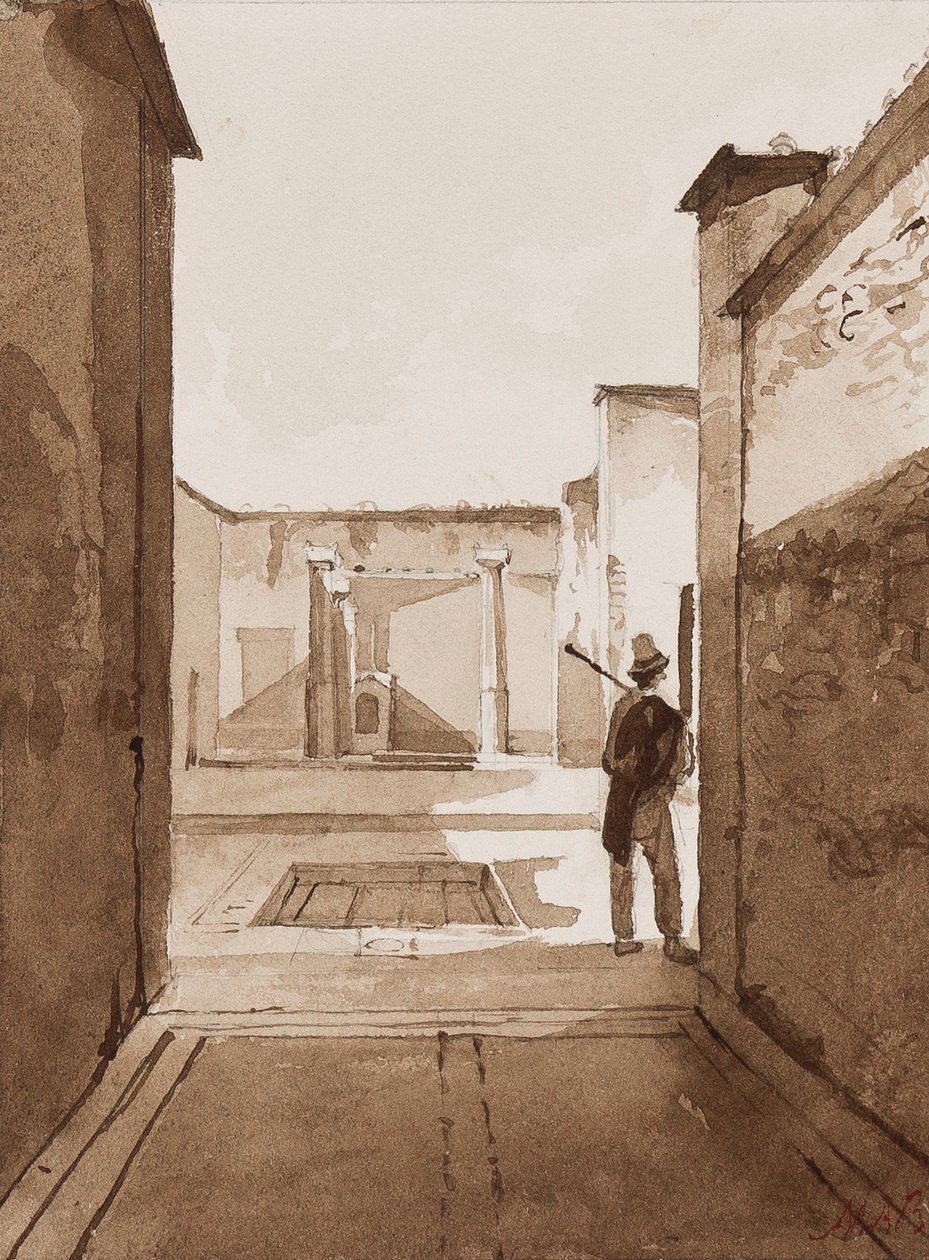 Nádvoří v Pompejích, s doplňky princezny Marie Annunziaty di Borbone (1843-1871) (tužka a sépie myje na papíře) od Achille Vianelli
