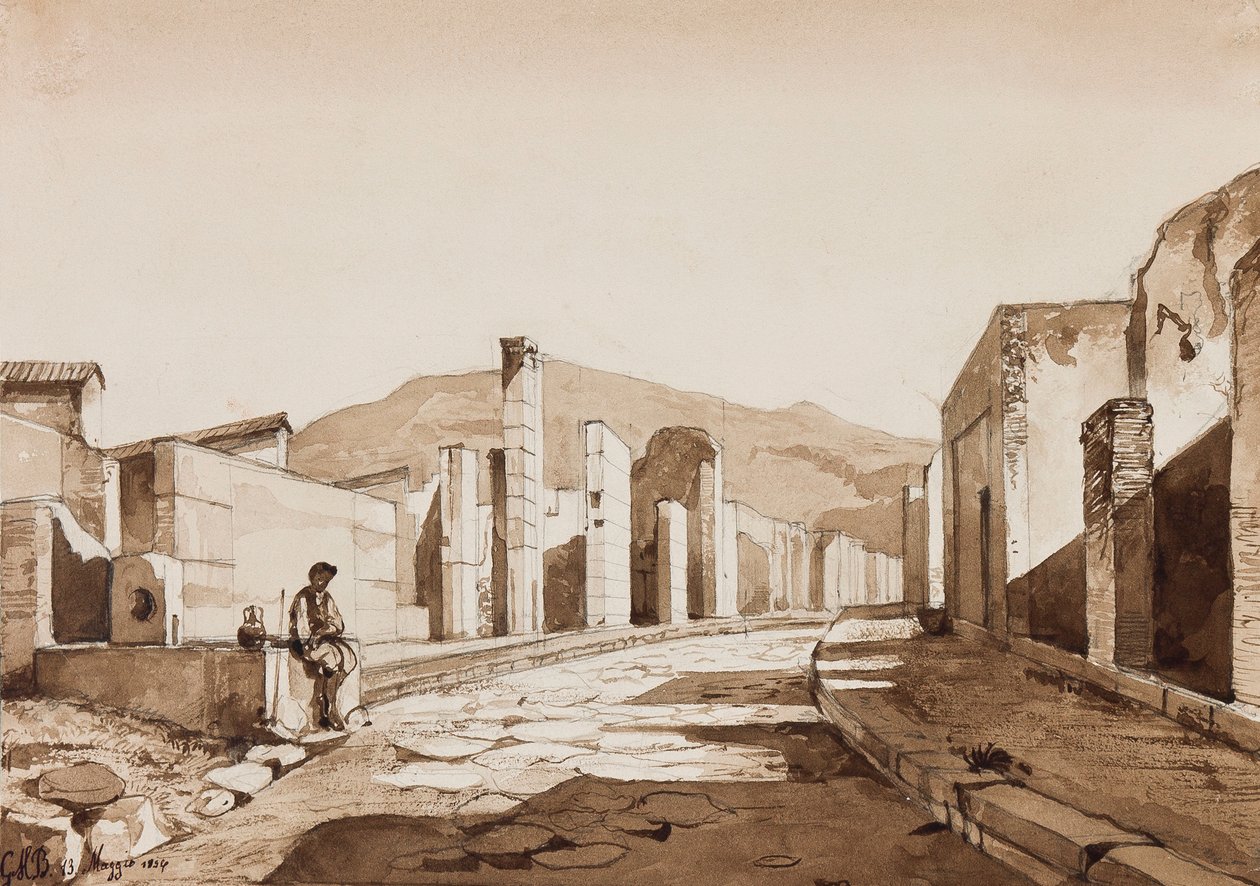 Pompeje, s doplňky prince Gaetano Maria Federico di Borbone (1846-1871), 1854 (tužka a sépie myje na papíře) od Achille Vianelli