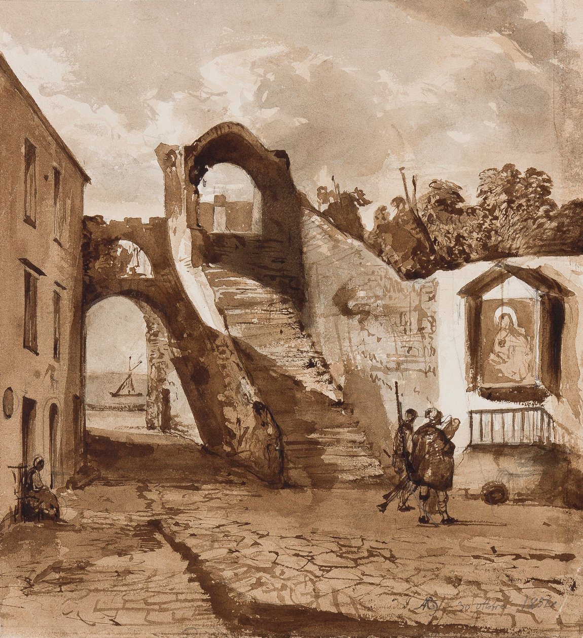 Svatyně ve zdech neapolské vesnice, s dodatky knížete Alfonsa Maria di Borbone (1841-1934), 30. října 1854 (tužka a sépiové šrafury na papíře) od Achille Vianelli