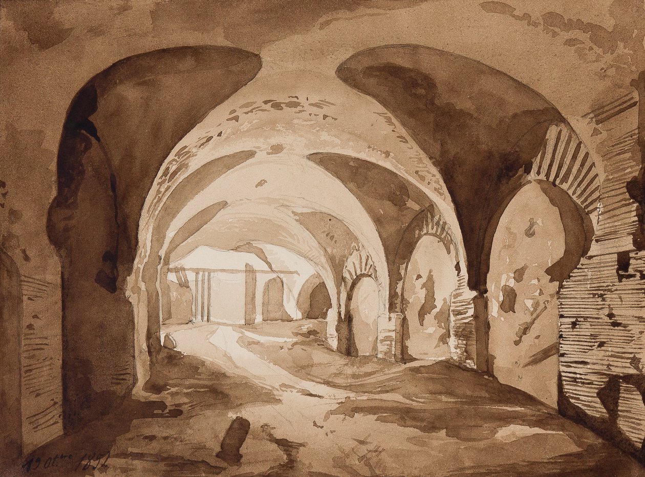 Amfiteátr vedoucí k amfiteátru v Pozzuoli, s doplňky knížete Alfonsa Maria di Borbone (1841-1934), 19. října 1852 (tužka a sépiové šrafury na papíře) od Achille Vianelli