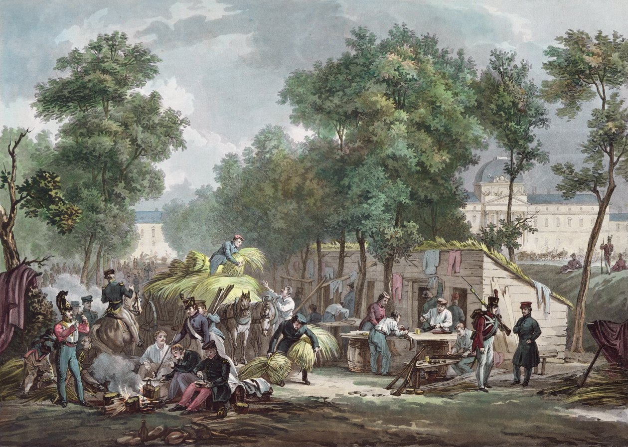 Pruští vojáci bivakující na Champs de Mars v Paříži v roce 1871, vyryto Jazetem od Achille Louis Martinet