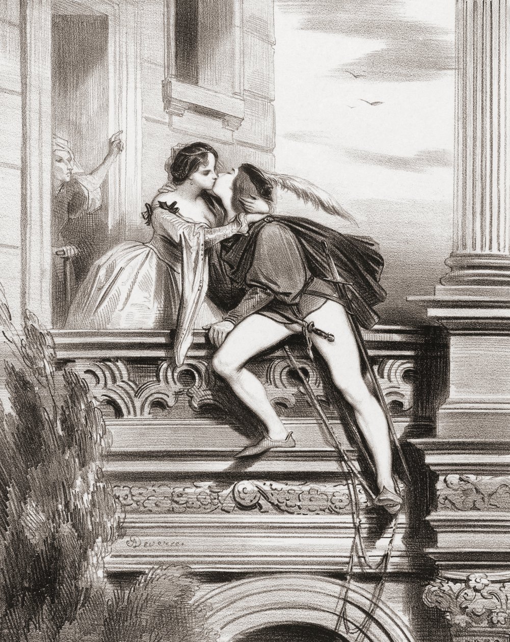 Romeo a Julie. Balkonová scéna. (tisk) od Achille (after) Deveria