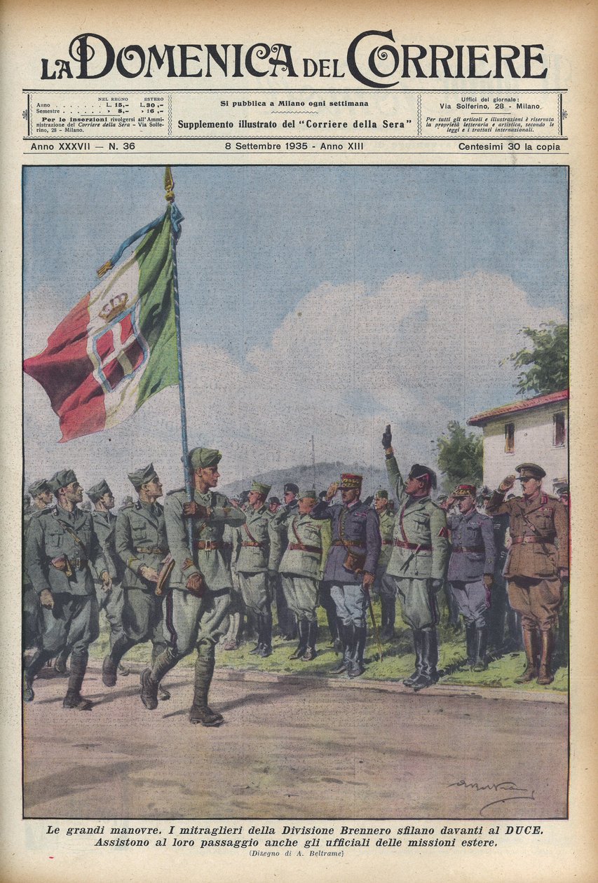 1935 Kulometníci Brennerské divize defilují před vojenským manévrem Duce - CORRIERE SUNDAY. Vojáci procházejí před Benito Mussoli "" il Duce "" - ilustrace Achille Beltrame (1871-1945) od Achille Beltrame