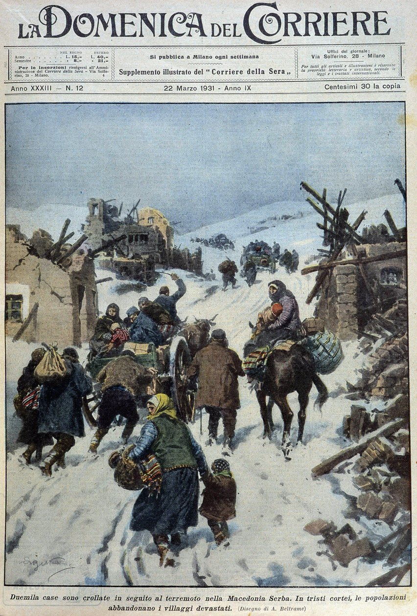 2000 domů se zřítilo po zemětřesení v srbské Makedonii: smutný exodus obyvatelstva opouštějícího zdevastované vesnice - dess. de A. Beltrame v „“la Domenica del Corriere““ z 22.3.1931 od Achille Beltrame