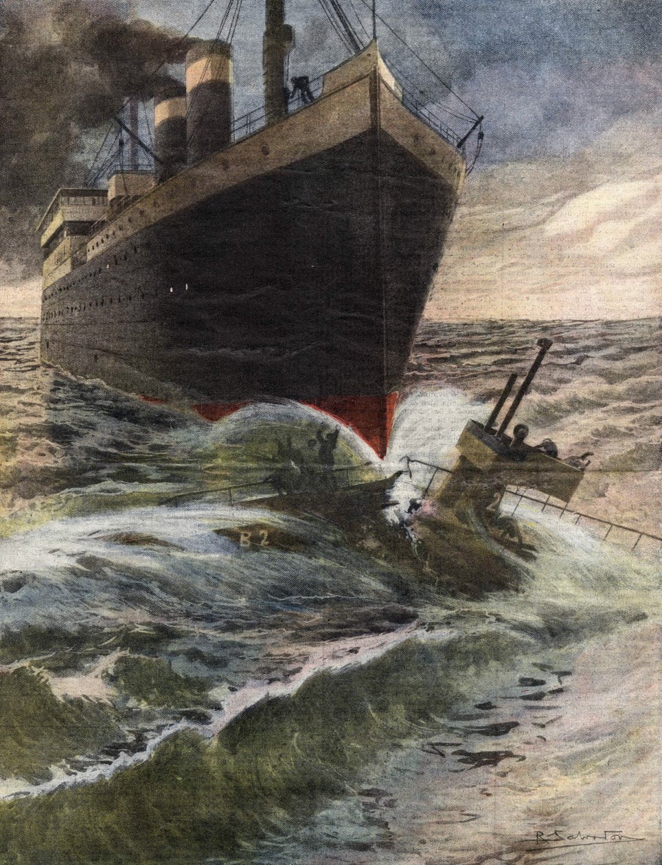 Německá transatlantická loď převrátila a rozbila ponorku anglické flotily u pobřeží Doveru - Ilustrace Beltrame - "" La Domenica del Corriere"" Říjen 1912 od Achille Beltrame