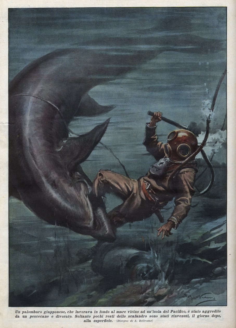 Japonského potápěče s skafandrem sežral žralok v Tichém oceánu. Ilustrace Achille Beltrame z „La domenica del corriere““ z 8.8.1937. od Achille Beltrame