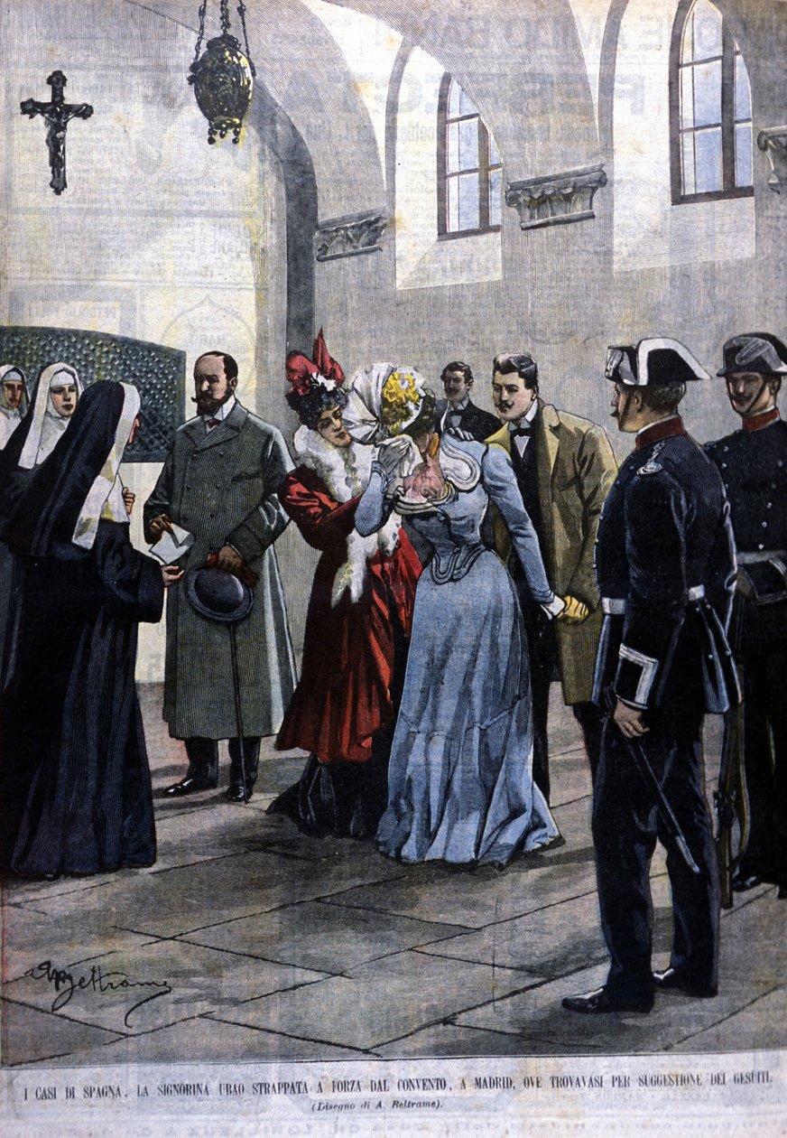 V Madridu je mladá žena, mademoiselle Ubao, vytržena ze života jeptišky v klášteře, kde byla na návrh jezuitů. Ilustrace Beltrame. Domenica del corriere. 1901. od Achille Beltrame
