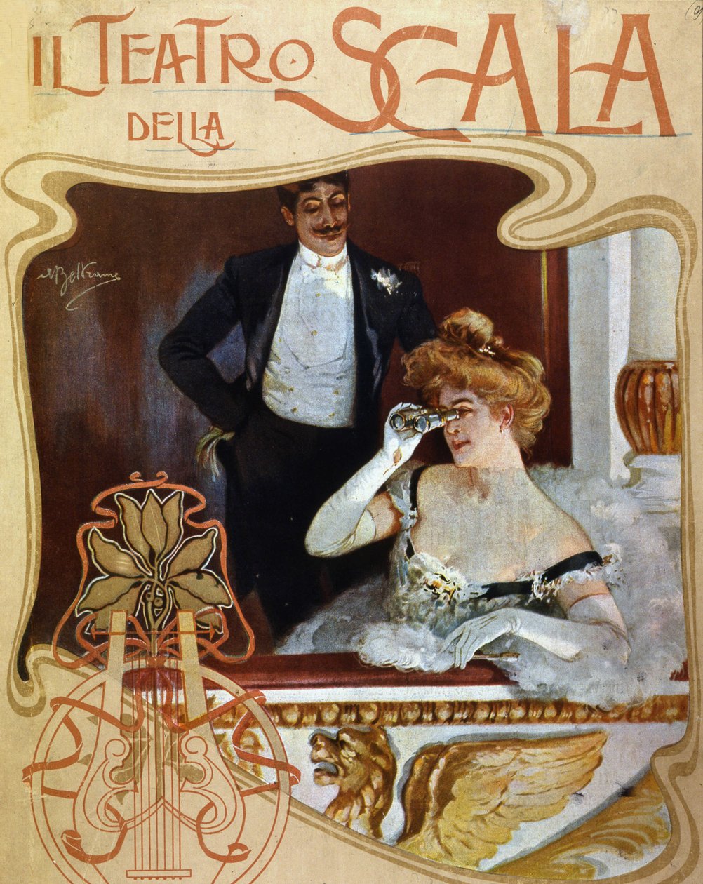 Pár míst v šatně v Teatro alla Scala. Mladá žena pozoruje scénu dalekohledem. Ilustrace Achille Beltrame. od Achille Beltrame