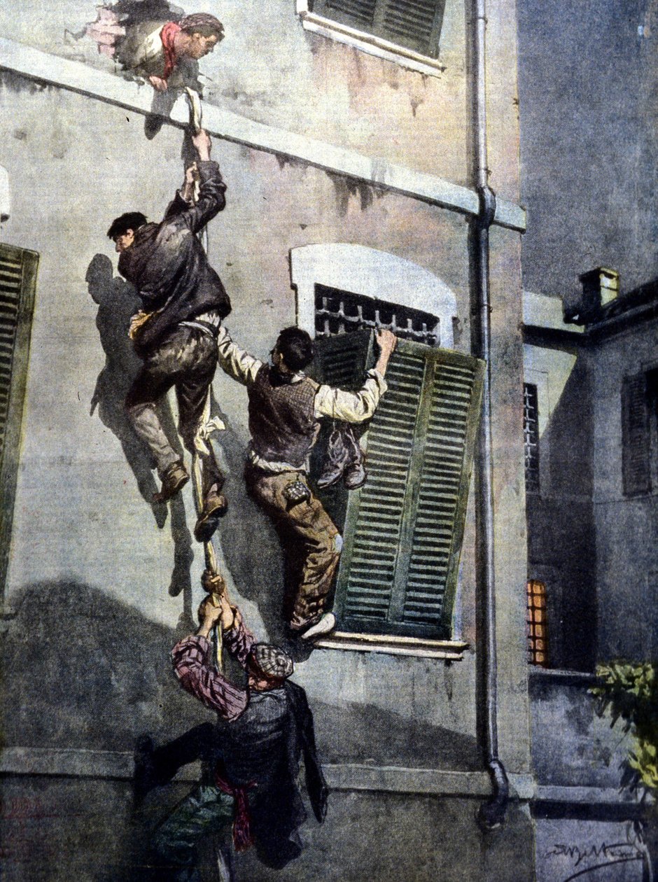 Odvážný útěk čtyř vězňů z vězení Asti po proražení zdi. Kresba Beltrame. La Domenica del Corriere. 1902 od Achille Beltrame
