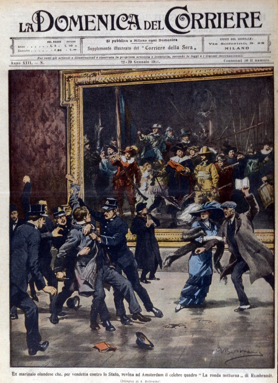 Někdejší holandský námořník se pokusil vyplenit slavný obraz Rembrandta van Rijna (1606-1669), „Noční kolo“. Obálka „“La Domenica del corriere“, ill. de Beltrame, 01/1911. od Achille Beltrame