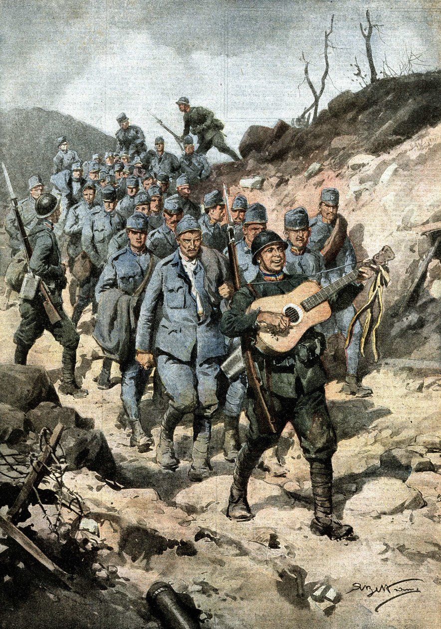 Šťastný hrdina. Po zajetí čtyřiceti Rakušanů a kytary v jeskyni vojín Buoncompagni pochodoval v čele skupiny vězňů zpívajících. Ill. de Beltrame. La Domenica del Corriere. 10/1917 od Achille Beltrame