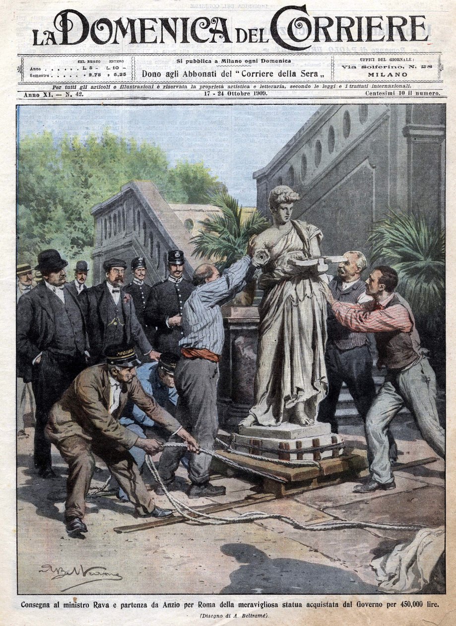 Socha zakoupená vládou za 450 tisíc lir je přivezena do Říma a doručena ministru Ravovi. Ill. de Beltrame. La Domenica del Corriere. 10/1909. od Achille Beltrame