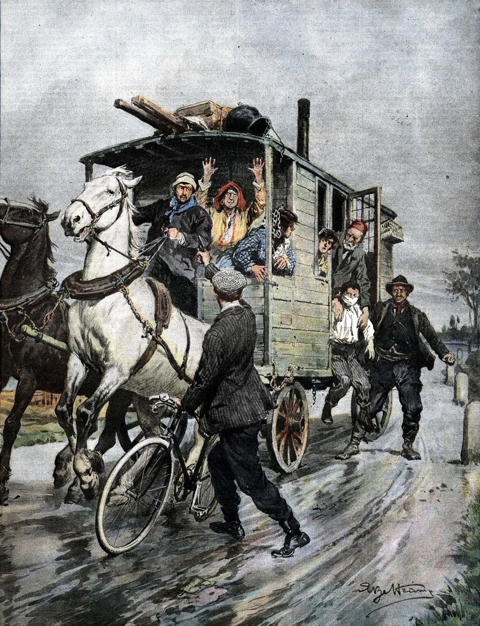 Nedaleko Cernusco sul Naviglio v milánské oblasti unesla skupina cikánů mladého chlapce. Nemocný. de Beltrame. Neděle kurýra. 09/1909. od Achille Beltrame