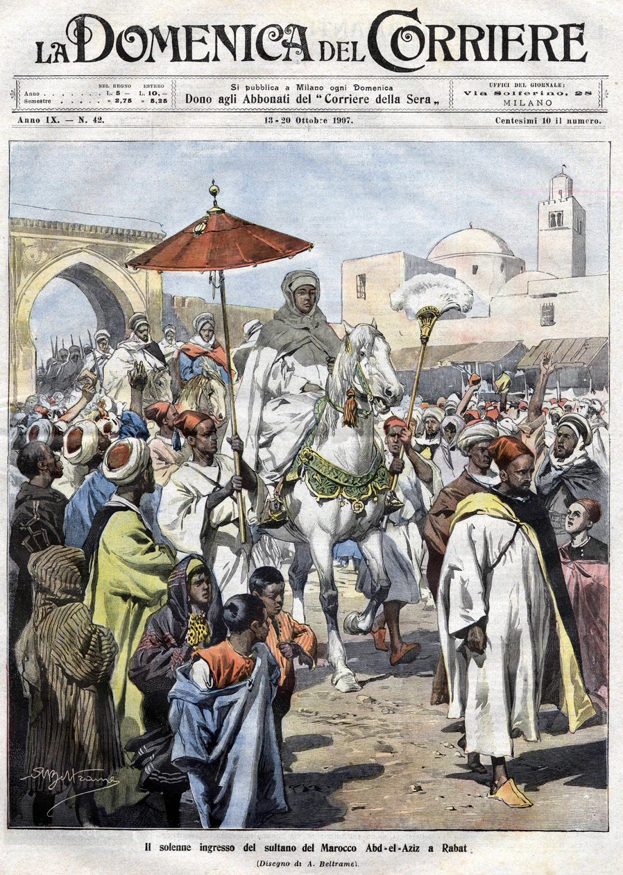 Abdelaziz (Al-Hassan Muhammed Al-Hasani Al-Alawi) Spojení v Maroku bylo vypovězeno v říjnu 1907 (Marrákeš od Achille Beltrame