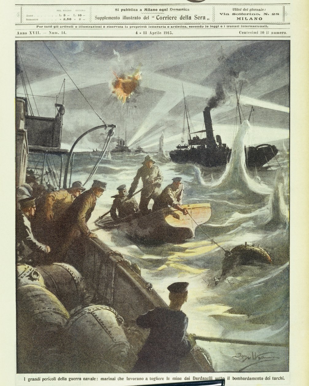 Námořníci spojeneckých sil pokoušející se zneškodnit miny pod palbou tureckého dělostřelectva během první světové války v letech 1914-1918 (litografie) od Achille Beltrame