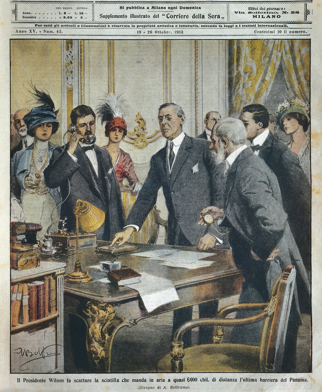 Americký prezident Woodrow Wilson telegraficky spustil detonaci, která zničila poslední bariéru Panamského průplavu 6000 kilometrů daleko, Achille Beltrame (1871-1945) z La Domenica del Corriere od Achille Beltrame