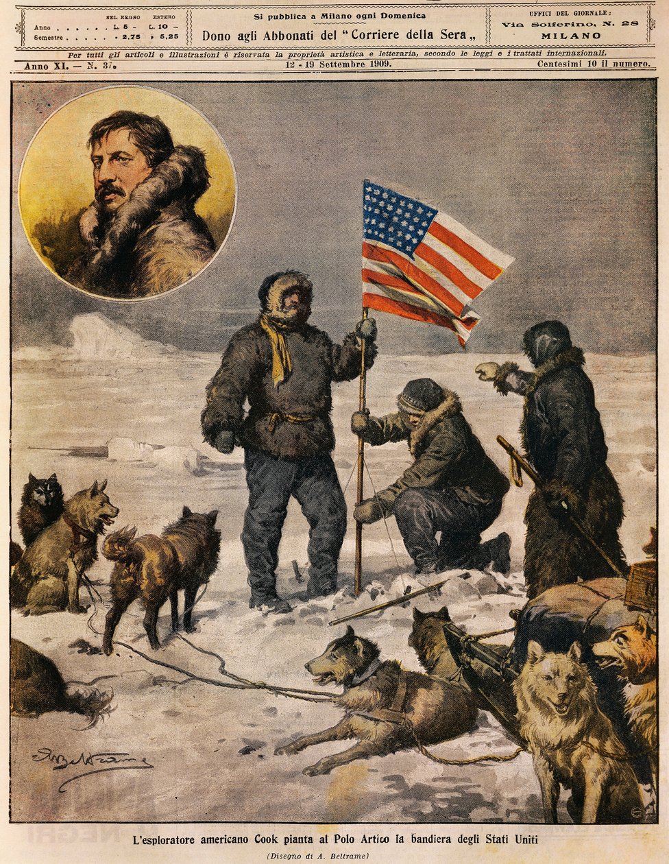 Americký průzkumník Cook zavěšuje americkou vlajku na severním pólu, ilustrace Achille Beltrame (1871-1945), z La Domenica del Corriere, 12. září od Achille Beltrame