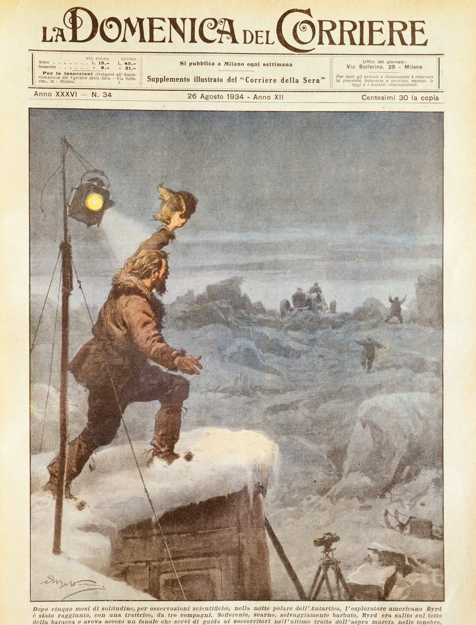 Americký průzkumník Richard E Byrd, k němuž se připojili společníci v Antarktidě poté, co byl pět měsíců sám, Achille Beltrame, ilustrace, ilustrátor Achille Beltrame (1871-1945), z La Domenica del Corriere, 26. srpna 1934 od Achille Beltrame